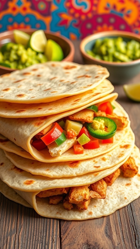 50/50 Flour and Corn Tortillas Recipe A stack of golden-brown 50/50 tortillas with fillings, served on a wooden table with guacamole and lime.